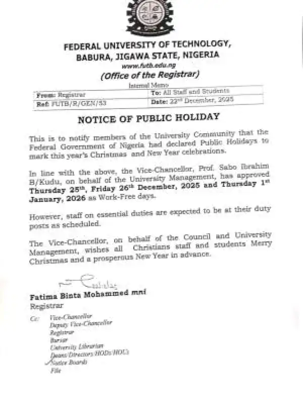 FUT Babura announces Christmas and New Year holiday