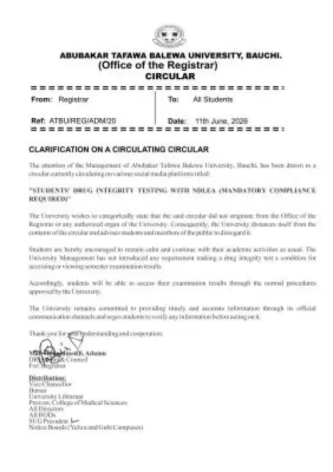 ATBU debunks purported mandatory drug test circular