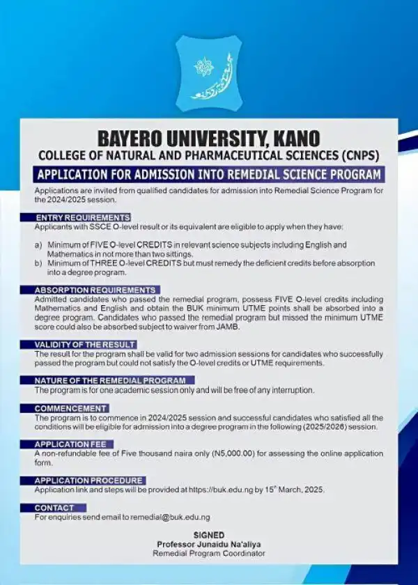 BUK remedial admission form, 2024/2025