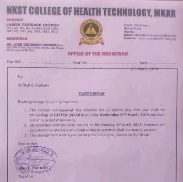 NKST College of Health Tech notice of Easter break