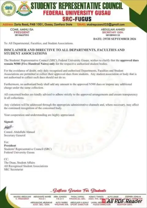 FUGUS SRC disclaimer notice on approved student association dues