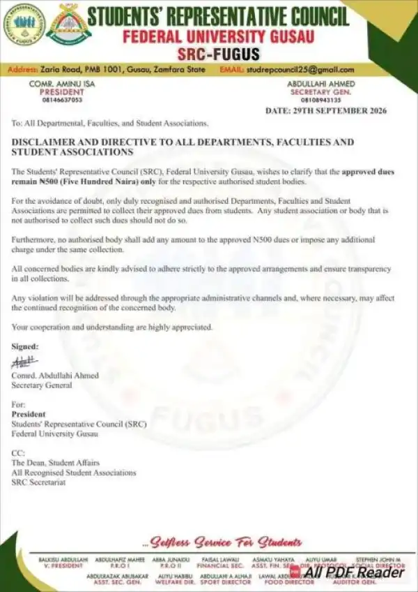 FUGUS SRC disclaimer notice on approved student association dues