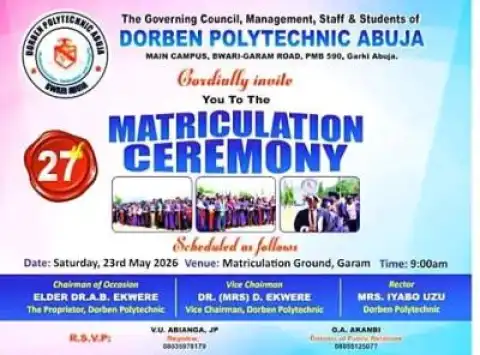 Dorben Polytechnic announces 27th Matriculation Ceremony