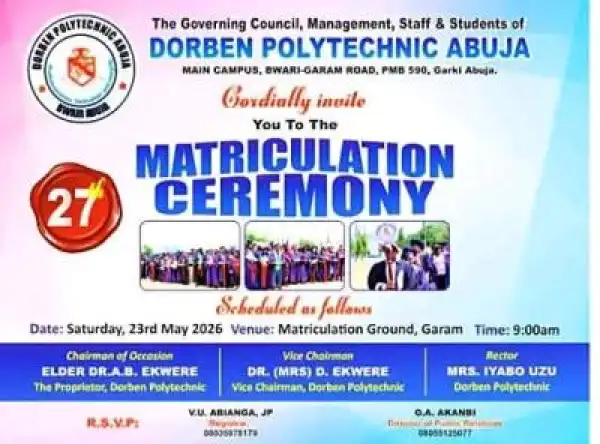 Dorben Polytechnic announces 27th Matriculation Ceremony