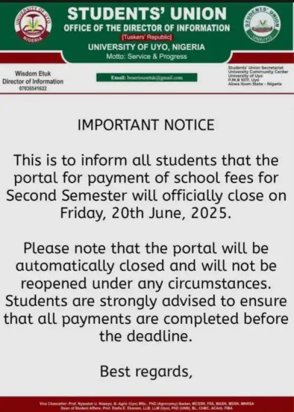 UNIUYO SUG notice on deadline for school fees payment