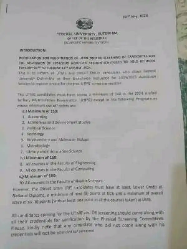 FUDutsin-ma Post-UTME/DE 2024: Cut-off mark, Eligibility and Registration Details