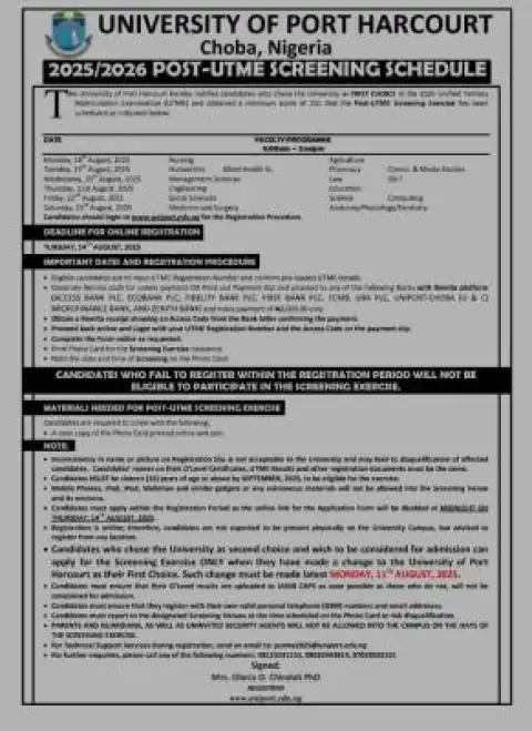 UNIPORT announces Post-UTME screening schedule, extends registration deadline, 2025/2026