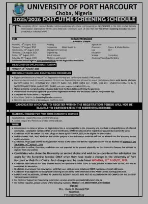 UNIPORT announces Post-UTME screening schedule, extends registration deadline, 2025/2026