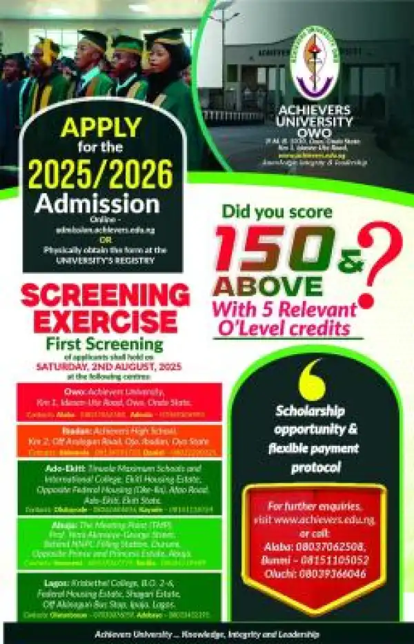 Achievers University Post-UTME/DE 2025: Eligibility and Registration details