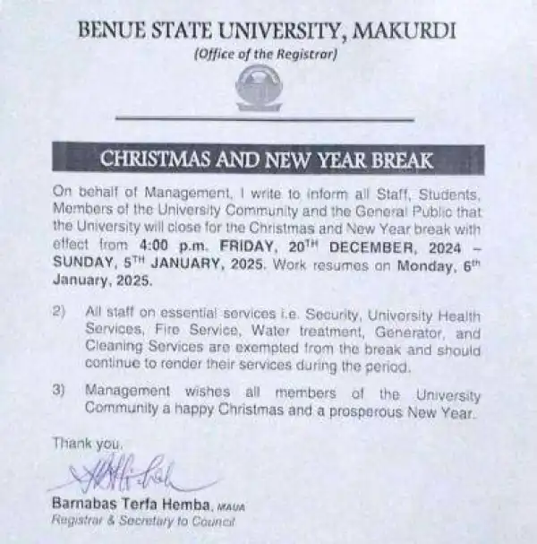 BSU notice of Christmas and New Year break