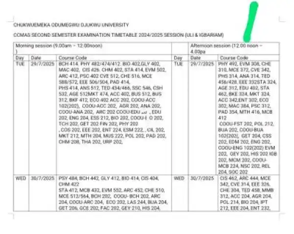 COOU releases second semester exam timetable, 2024/2025
