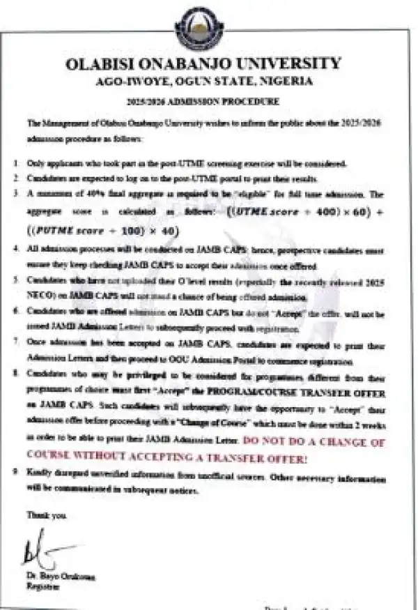 OOU admission procedure for 2025/2026 session