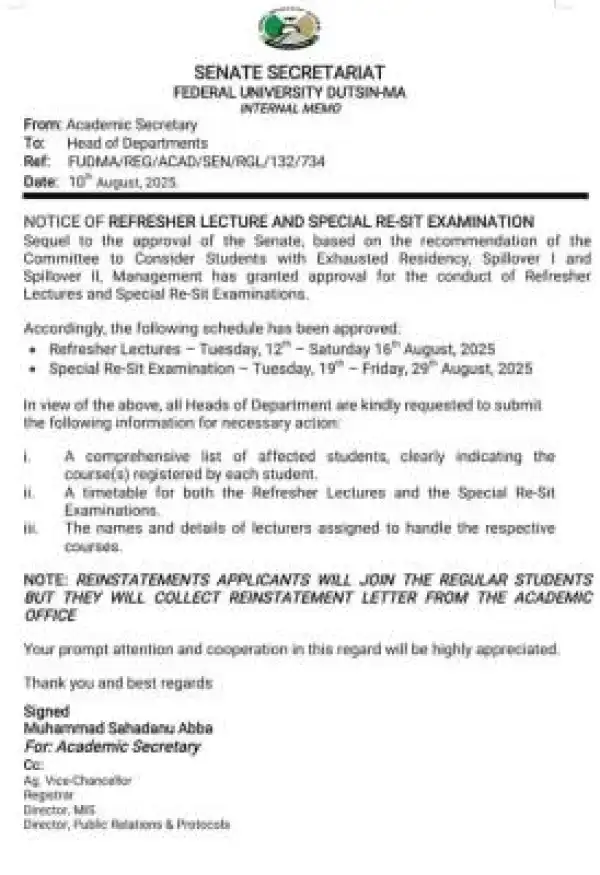 FUDutsin-ma notice of refresher lecture and special resit examination