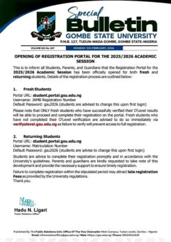 Gombe State University update on registration for 2025/2026 Academic Session