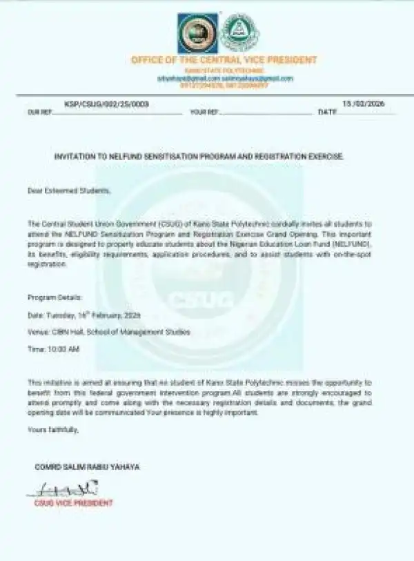 Kano Polytechnic SUG notice on NELFUND sensitization and registration exercise
