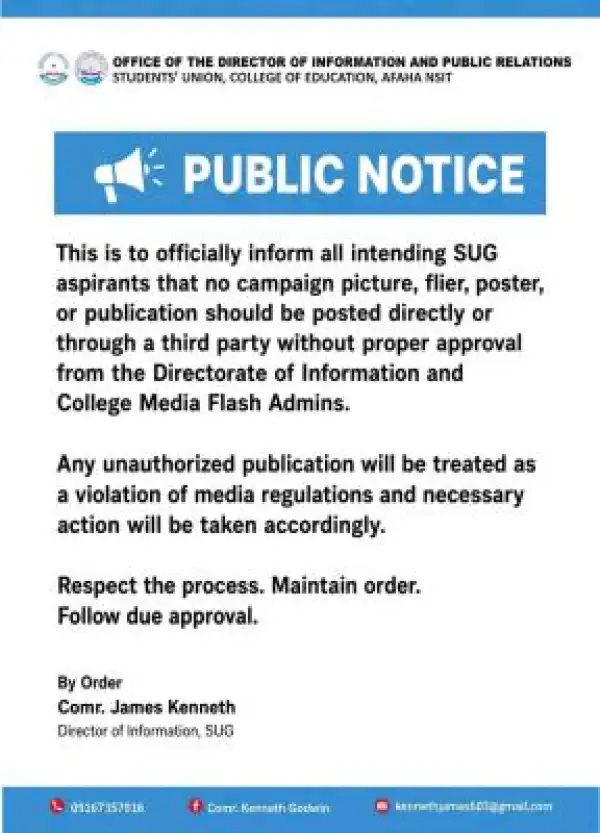 Akwa Ibom State College of Education, Afaha Nsit SUG notice on campaign activities on Campus