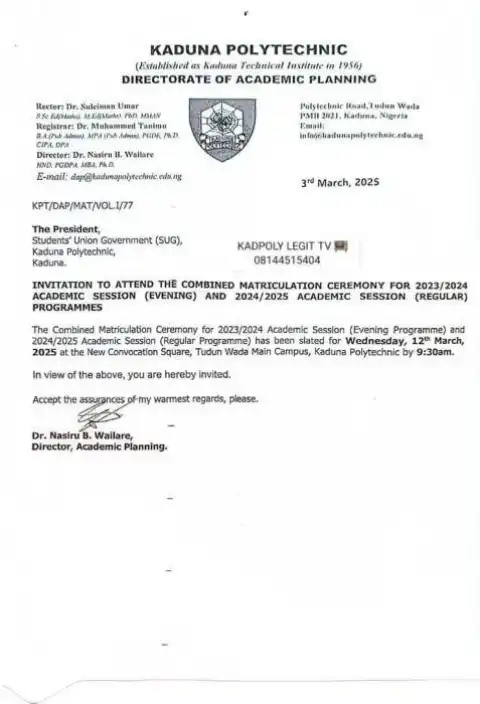 KADPOLY matriculation ceremony for Regular and Evening programmes, 2024/2025