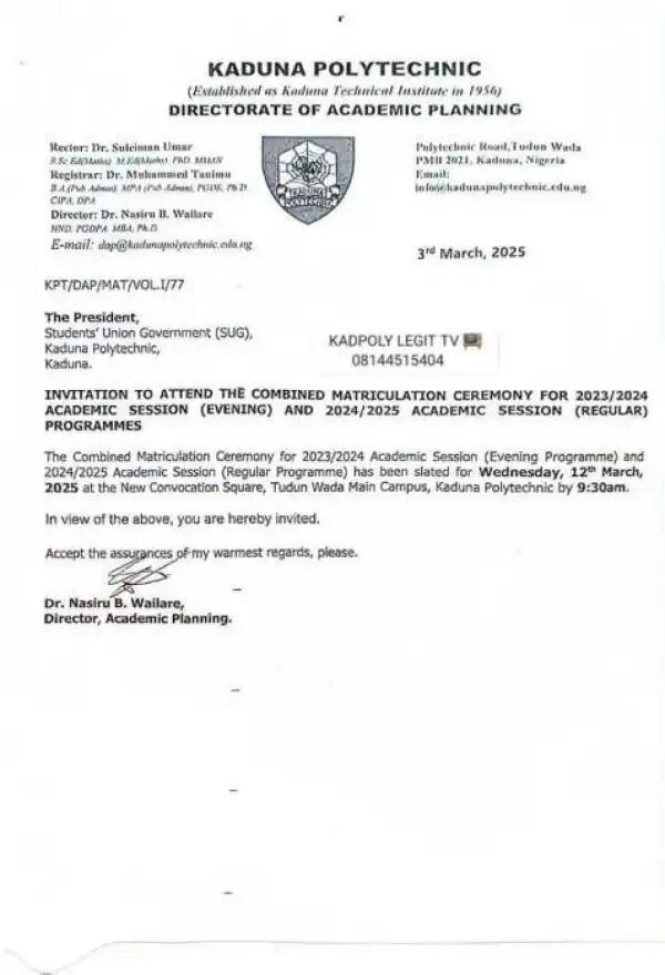 KADPOLY matriculation ceremony for Regular and Evening programmes, 2024/2025