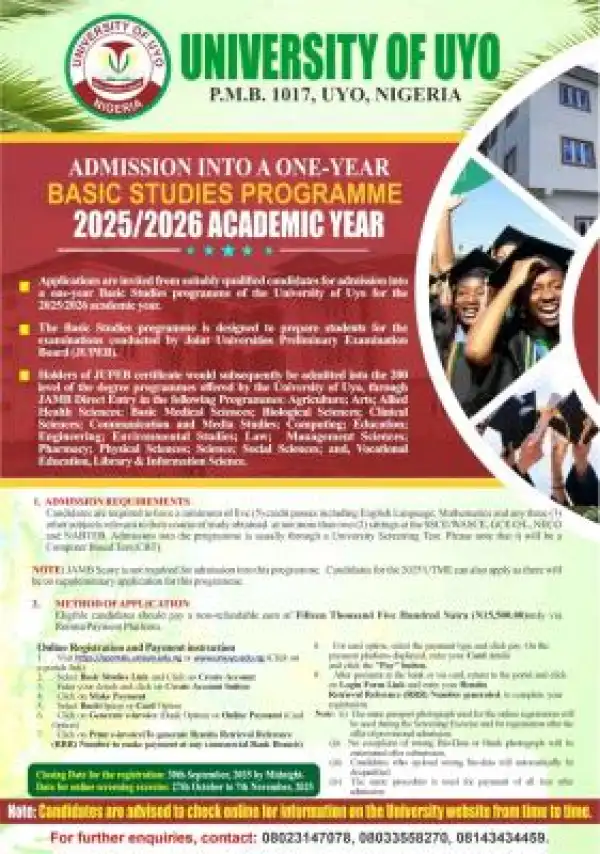 UNIUYO releases Basic Studies admission form, 2025/2026