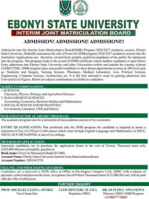 EBSU IJMB Admission form, 2026/2027