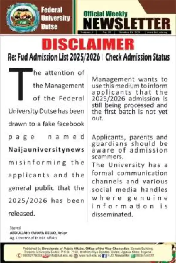 FUDutse disclaimer on the release of admission list, 2025/2026