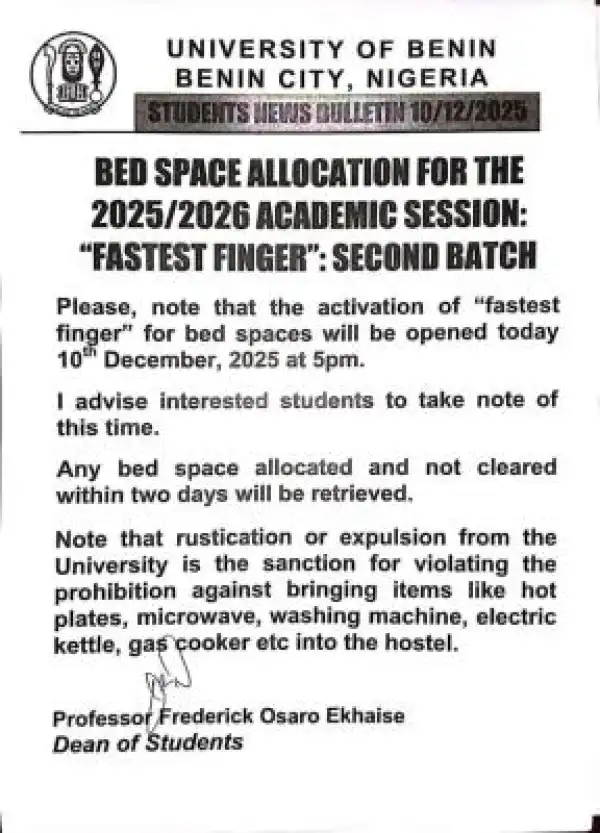 UNIBEN update on bed space allocation (2nd batch) for 2025/2026 session