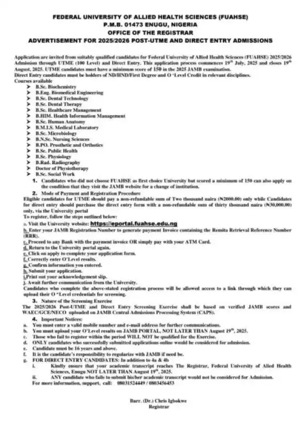 FUAHSE Post-UTME/DE 2025: Eligibility and Registration Details