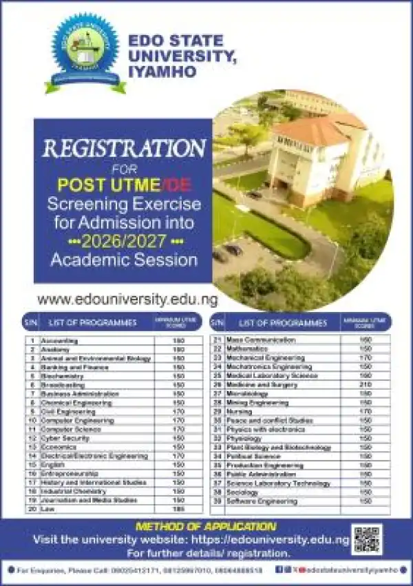 Edo State University Post-UTME 2026: Cut off mark, Eligibility and Registration Procedures