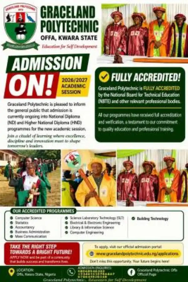 Graceland Polytechnic Offa announces ND/HND admissions, 2026/2027