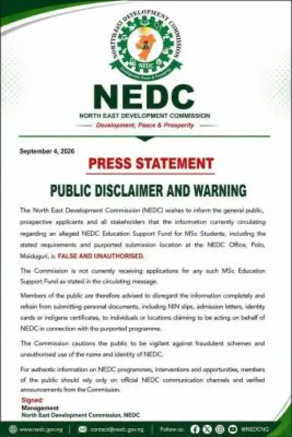 North East Development Commission disclaimer notice on M.Sc. Support Fund