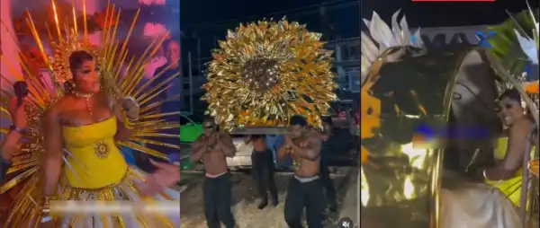 Mercy Aigbe Makes Grand Entrance At Iyalode Premiere In Golden Palanquin