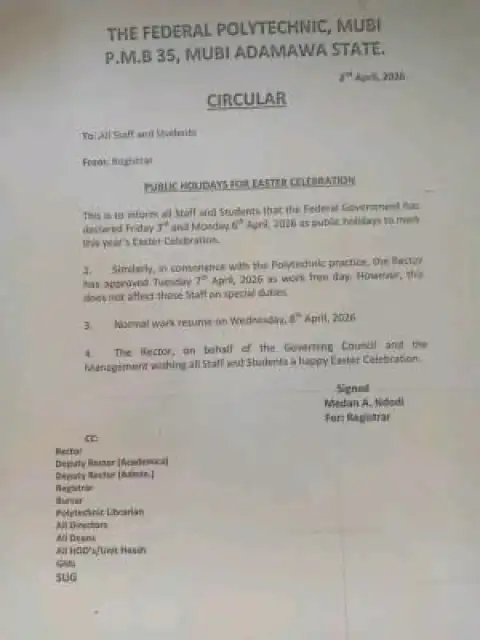 Federal Polytechnic Mubi announces Public Holiday for Easter Celebration