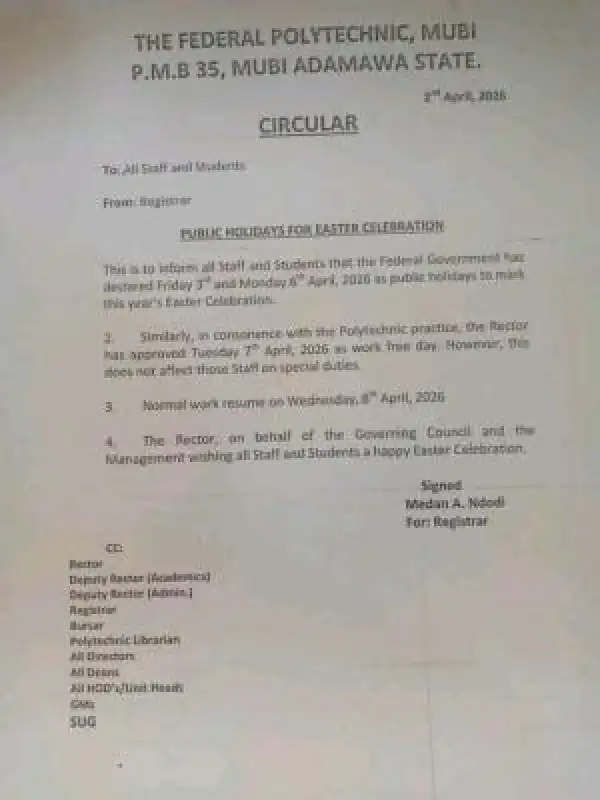 Federal Polytechnic Mubi announces Public Holiday for Easter Celebration
