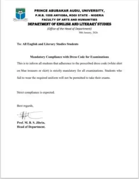 PAAU Dept. of English and Literary Studies notice on mandatory compliance with dress code for exams