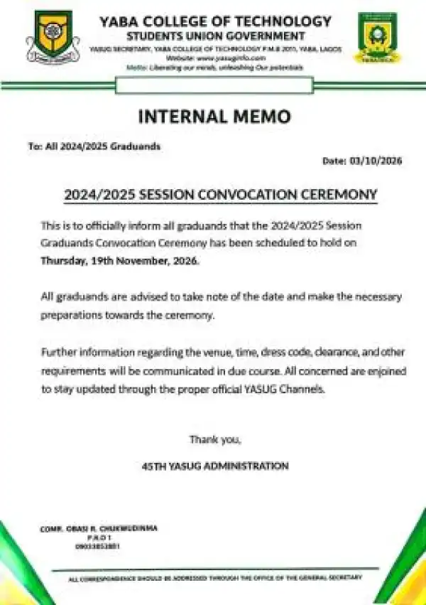 YABATECH SUG notice on Convocation Ceremony, 2024/2025