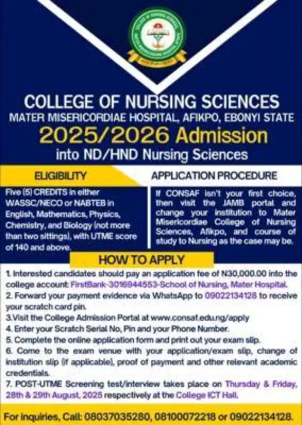 Mater Misericordiae College of Nursing Sciences, Afikpo Admission form, 2025/2026