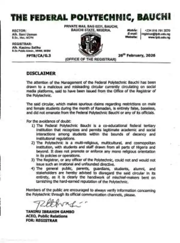 Federal Polytechnic Bauchi disclaimer notice on fake Ramadan restriction circular