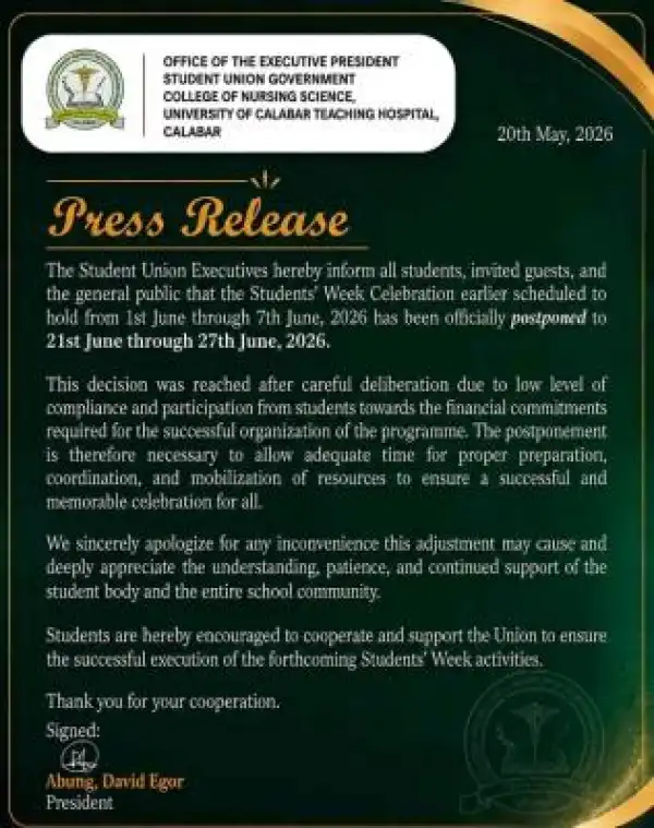 UCTH College of Nursing Sciences SUG announces new dates for students