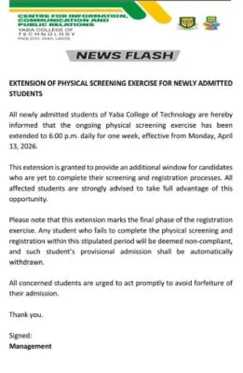 YABATECH notice on extension of physical screening exercise for newly admitted students