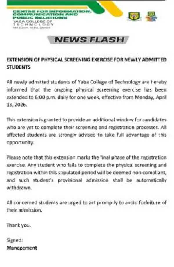 YABATECH notice on extension of physical screening exercise for newly admitted students