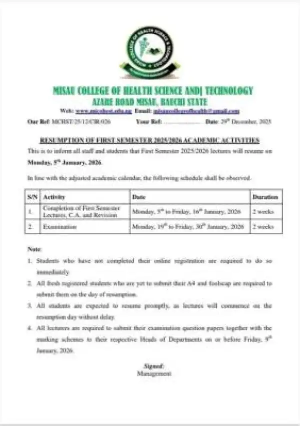 MISAU College of Health Science and Technology 1st semester resumption for 2025/2026 session