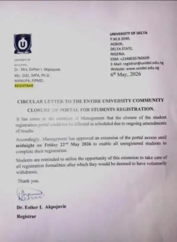 UNIDEL notice on extension of deadline for students registration