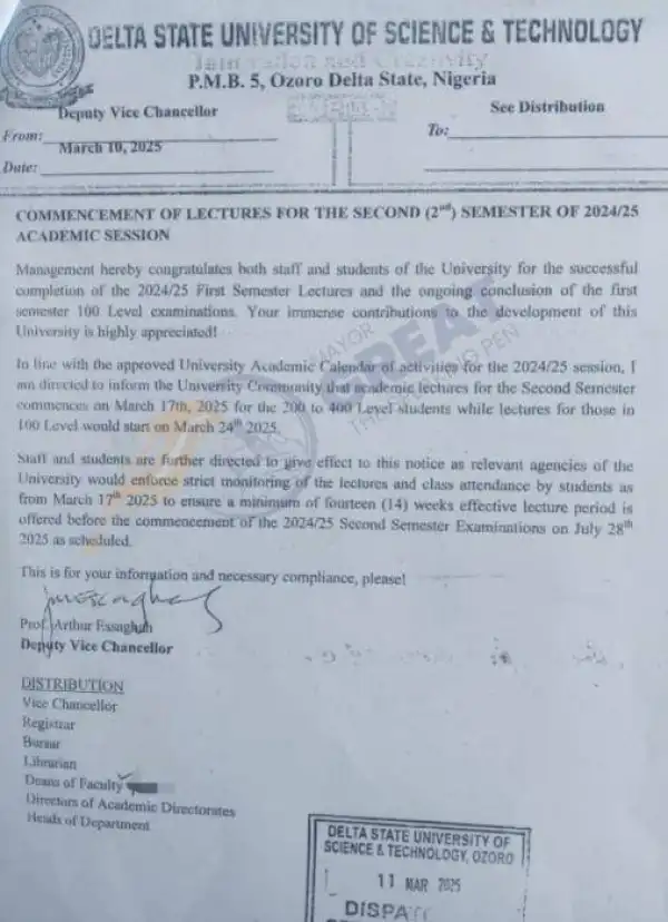 DSUST notice on commencement of lectures for 2nd semester, 2024/2025