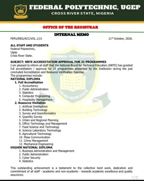 Federal Polytechnic, Ugep gets NBTE accreditation for 21 academic programmes