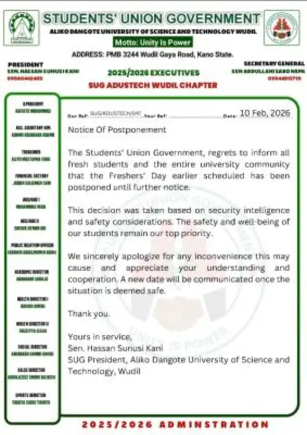 ADUSTECH Wudil SUG notice on postponement of freshers day
