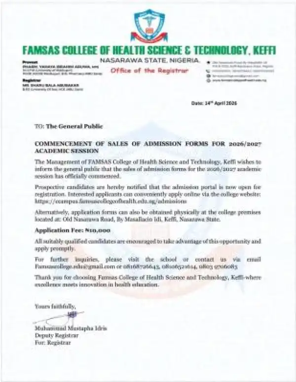 FAMSAS College of Health Science & Technology announces 2026/2027 admissions