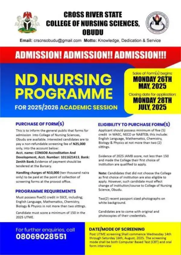 College of Nursing Sciences, Obudu ND Nursing Admission, 2025/2026