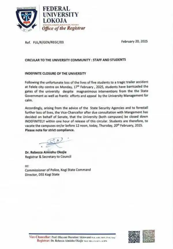 FULokoja management shuts down school indefinitely