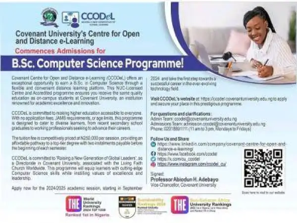 Covenant University Distance Leaning Admission into B.Sc Computer Science, 2024/2025