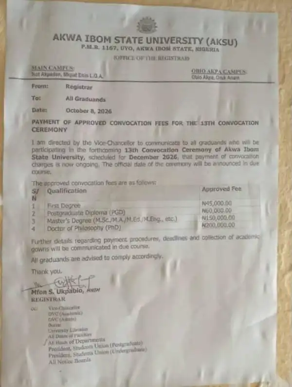 AKSU approved convocation fees for 13th Convocation Ceremony